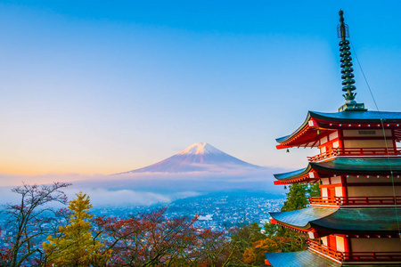 日本大林秋季枫叶树旁有朱雷托塔的富士山美景