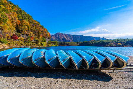 日本秋季环湖枫叶树的富士山美景