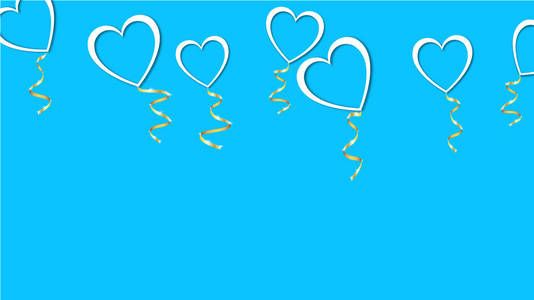 美丽的抽象纹理白色气球的形状与阴影的心和一个蓝色背景上的快乐情人节的金色丝带。向量例证。理念 爱