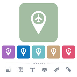 机场GPS地图位置白色平面图标的颜色圆形广场背景。 包括6个奖金图标