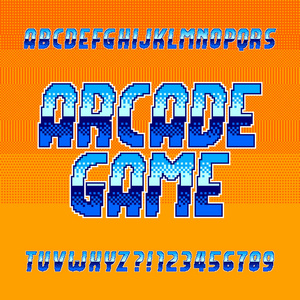 拱廊游戏字母字体。 充满活力的像素梯度字母和数字。 复古80年代电子游戏打字本。