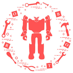 带有字母玩具工具的机器人立方体螺丝刀扳手螺丝锤。 儿童玩具。 机器人技术。 横幅海报或打印的设计。