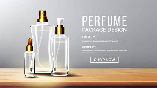 化妆品玻璃设计向量。瓶。油, 水, 香水。高级罐。3d 隔离透明逼真的模拟模板插图