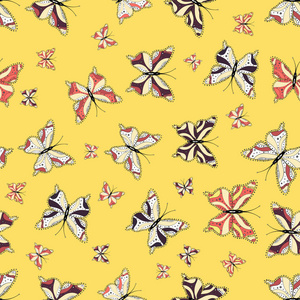 天衣无缝。 可爱的背景包装和壁纸设计的织物纸。 美丽的蝴蝶矢量图案插图设计。 米色白色和黄色的图片。