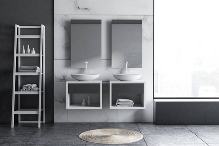 双浴室水槽站在白色台面上，上面有两面镜子，房间里有白色大理石灰色墙壁和瓷砖地板。3D渲染
