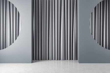 空房间的内部有混凝土地板和灰色墙壁，两个半圆壁龛，灰色窗帘挂在后面。 室内设计的概念。 3D渲染