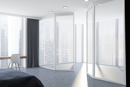 家庭办公室的内部，狭窄的木桌和白色椅子站在全景窗附近，房间里有灰色的窗帘和阳台。 3D渲染