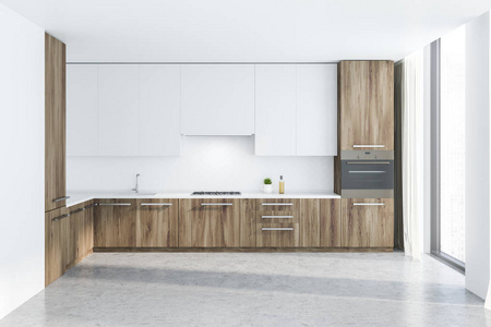厨房内部有白色墙壁，混凝土地板，木制台面，内置水槽烤箱和白色橱柜。 3D渲染