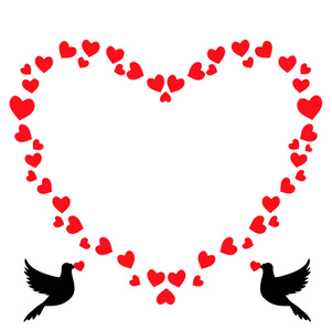 红色心形复古边境相框的心与爱鸽夫妇鸽子黑色轮廓。情人节贺卡模板，婚礼邀请，剪贴装