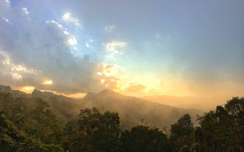 日落光雾在森林山的观景自然图片