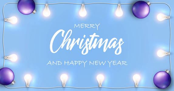 矢量圣诞快乐和新年快乐横幅。 蓝色背景与发光的白色灯光花环和圣诞灯泡。