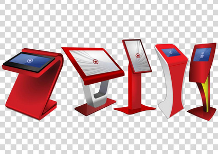 五红色宣传互动信息亭, 广告展示, 终端展台, 触摸屏显示屏, 隔离在透明背景上。模拟模板