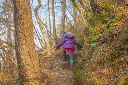 小女孩在阳光明媚的冬天早晨在上坡的森林小径上徒步旅行。