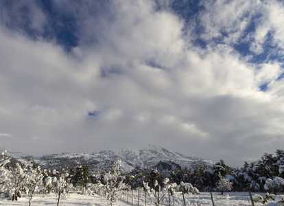 希腊埃维亚岛阳光明媚的一天，白雪覆盖的山野和天空尽收眼底