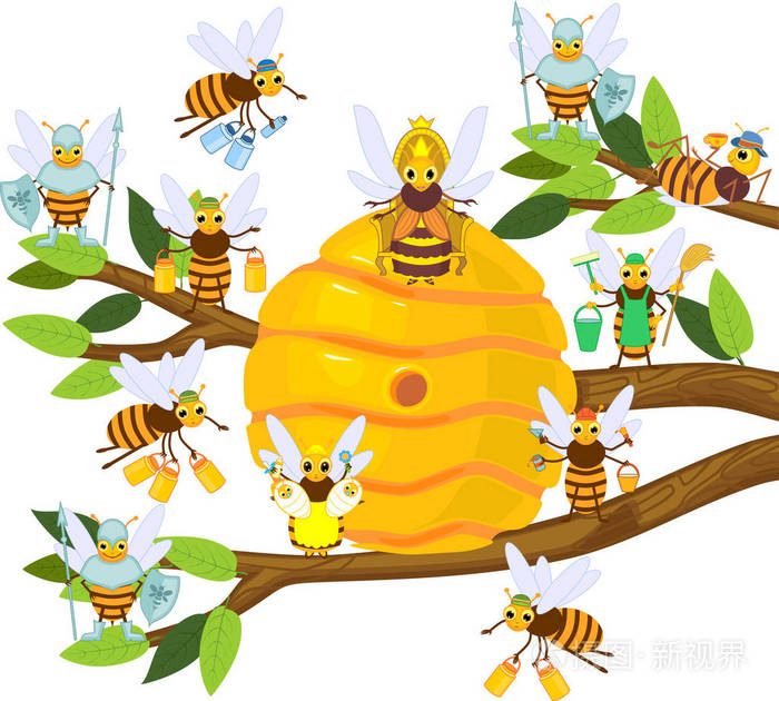 树枝上的黄色卡通蜂巢和白色背景下的蜜蜂家族