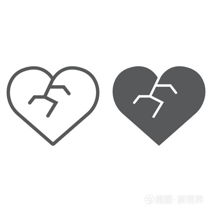 破碎的心脏线和字形图标, 爱和破碎, 心碎的迹象, 矢量图形, 在白色