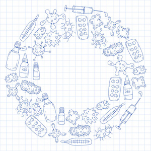 咳嗽药片流感流感疾病。带有涂鸦图标的矢量图案。医疗保健和医药