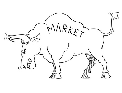 愤怒的公牛作为上涨的市场价格符号的漫画绘制