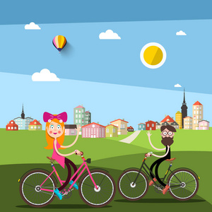 男子和妇女骑自行车与城市方舟背景