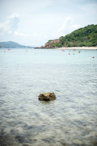 海上独石的特写与山景