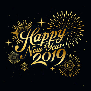 新年快乐2019信息与烟火黄金在夜间概念设计，矢量插图