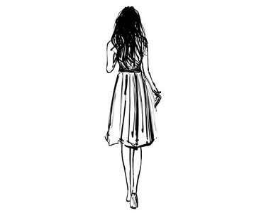 穿着裙子走路的女孩从后面看。时尚素描