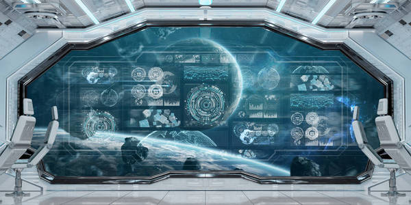 白色宇宙飞船内部空间与控制面板数字屏幕3D渲染