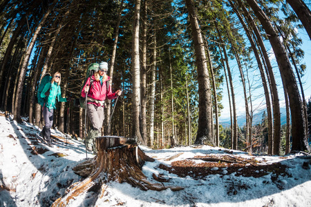 两个旅行者关门了。 女朋友在冬天的森林里。 两个女人在冬季徒步旅行中带着背包和徒步旅行杆。 朋友们沿着白雪覆盖的小路走。 山里的