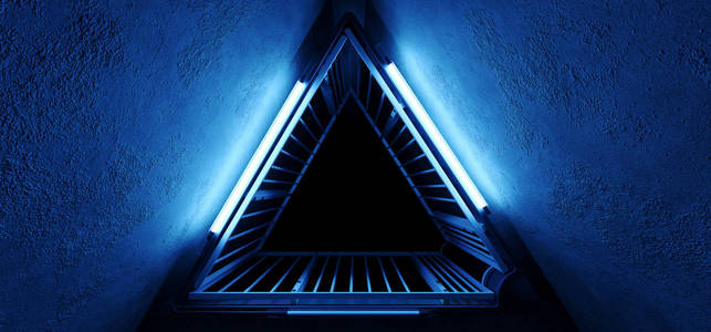 SCIFI外星高科技充满活力的现实三角形形状金属结构与霓虹灯发光紫外线紫蓝色灯grge混凝土隧道走廊空反射3渲染插图