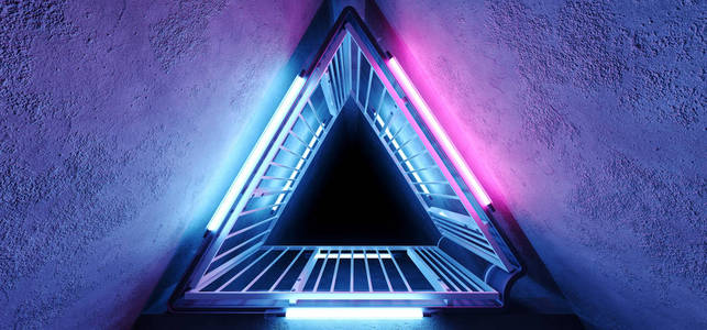 SCIFI外星高科技充满活力的现实三角形形状金属结构与霓虹灯发光紫外线紫蓝色灯grge混凝土隧道走廊空反射3渲染插图