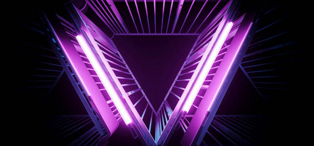 优雅的SCIF I未来详细的高科技外星人发光霓虹灯紫粉色蓝光三角形形状金属结构在深黑色背景粗糙混凝土三维渲染插图。