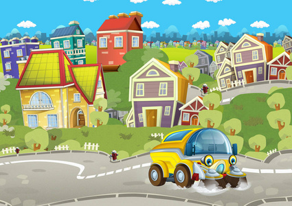 卡通夏日场景与清洁水箱汽车驾驶通过城市插图儿童