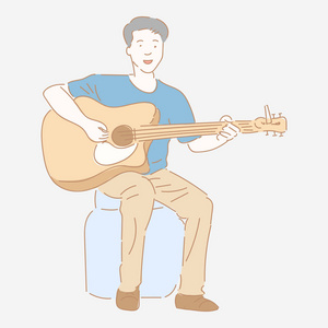 吉他手坐在塑料容器上弹吉他。 音乐概念平面风格平面设计矢量插图。