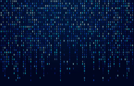 二进制代码流。数字数据代码黑客编码和加密矩阵数流动。数字蓝屏抽象矢量背景
