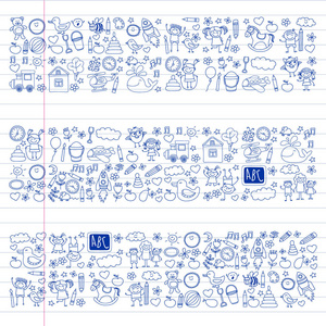 向量涂鸦设置与幼稚园孩子。小孩子一起玩耍学习开心