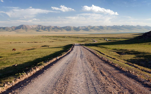 吉尔吉斯斯坦SonKul湖和天山附近的无铺路和蒙古包