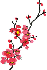 一棵开花的树的树枝。 粉红色和红色的风格花梅野生杏和樱花。 水彩和水墨插图的风格相扑。 东方传统绘画。