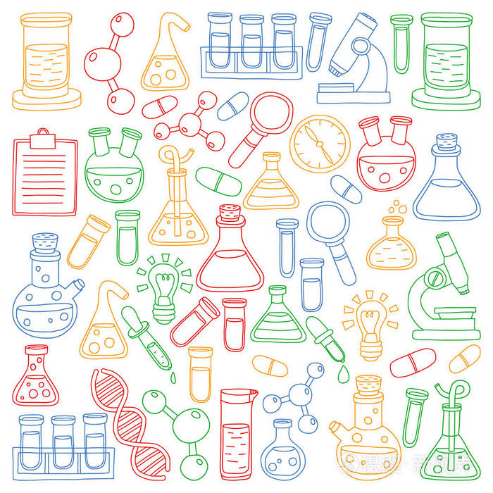 化学的向量集合, 科学图标.带有实验室设备图像的图案