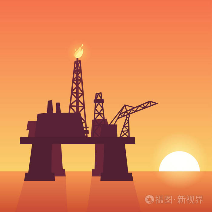 日落时的石油开采钻机 海洋天空背景下的海上钻井平台轮廓 矢量图.