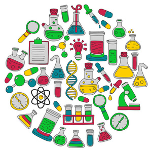 化学的向量集合, 科学图标。带有实验室设备图像的图案