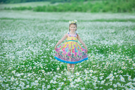 无忧无虑的可爱女孩与花束在仙女领域的甘菊。 夏季自由享受概念。