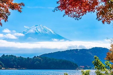 秋季环湖枫叶树的富士山美景