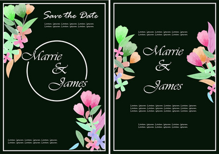 一套带花玫瑰叶的卡片。 婚礼装饰品的概念。 花卉海报邀请。 矢量装饰贺卡或邀请设计背景矢量