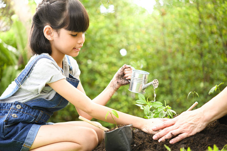 女孩和父母在土壤中种植幼株