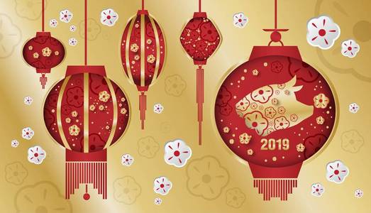 2018年中国新年快乐。刻有中国新年题词的灯笼插图