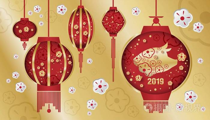 刻有中国新年题词的灯笼插图插画