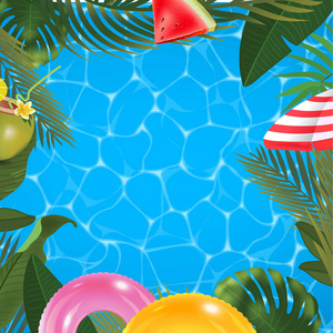 网络夏季横幅。池表面背景上的绿色棕榈叶模板。夏天向量抽象例证。逼真的热带天堂旅游和门票销售