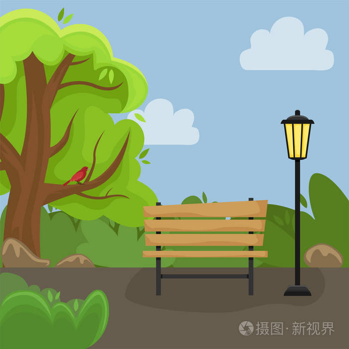 春天的风景. 公园里的小巷里有一张长凳和一盏灯笼. 晴天.