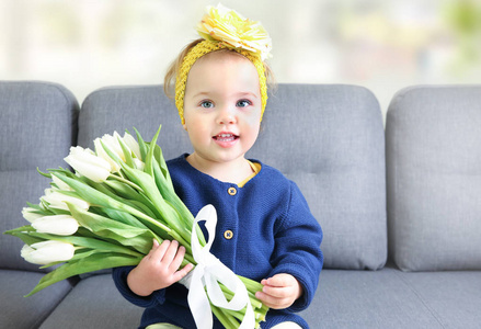 s day.Child girl with flowers bouqet empty copy space.Women39