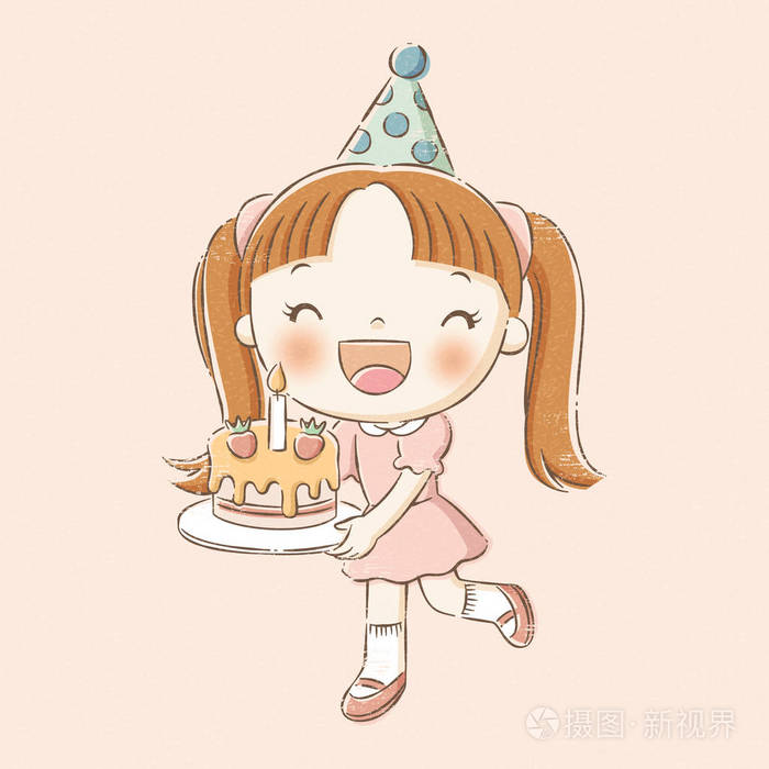女孩手拿生日蛋糕线条式
